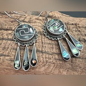 Taxco Mexico Silver Earrings Aztec “Chimalli” Shield Abalone Onyx TC-174 Dangles
